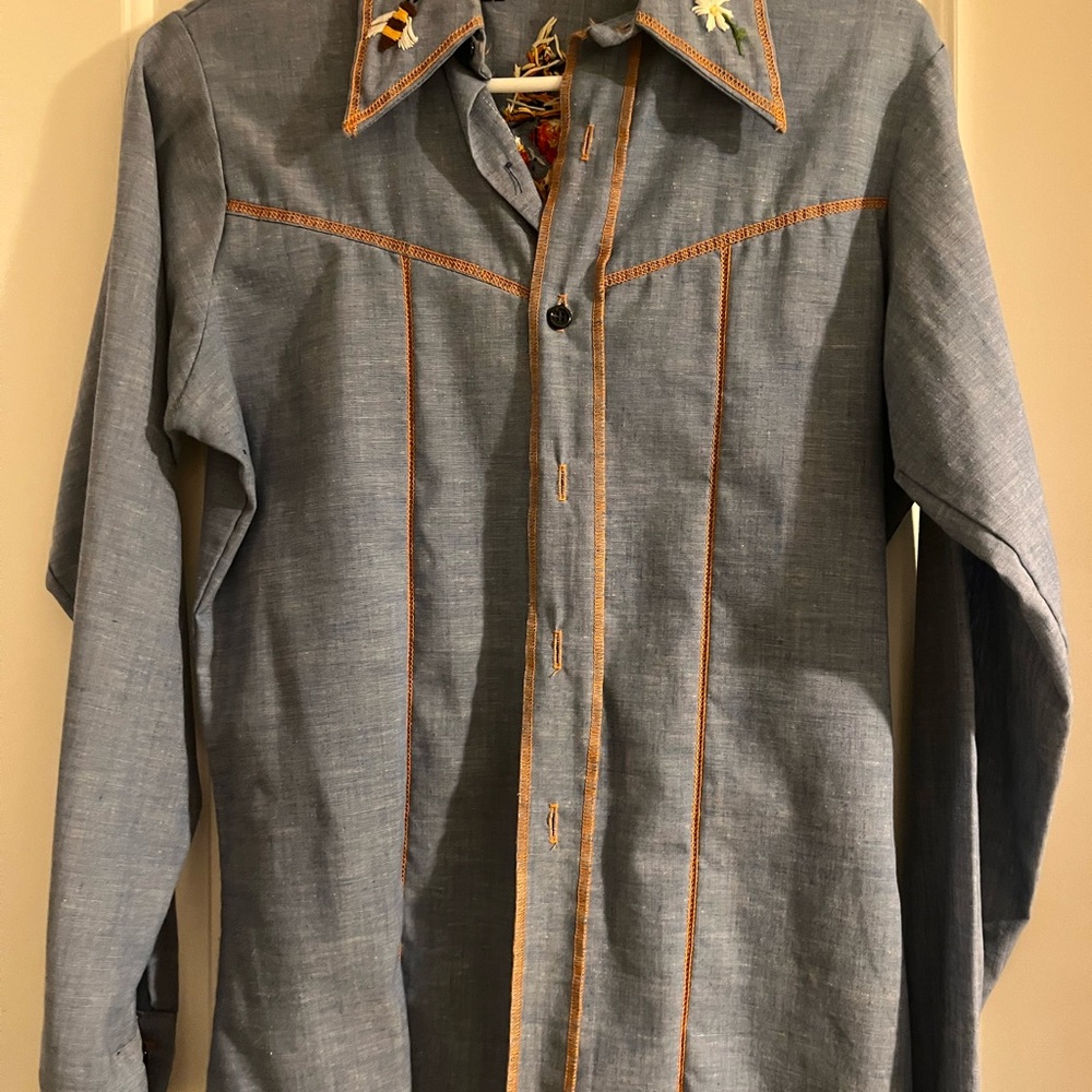 Sears Blue Button Down Shirt with Orange Stitching